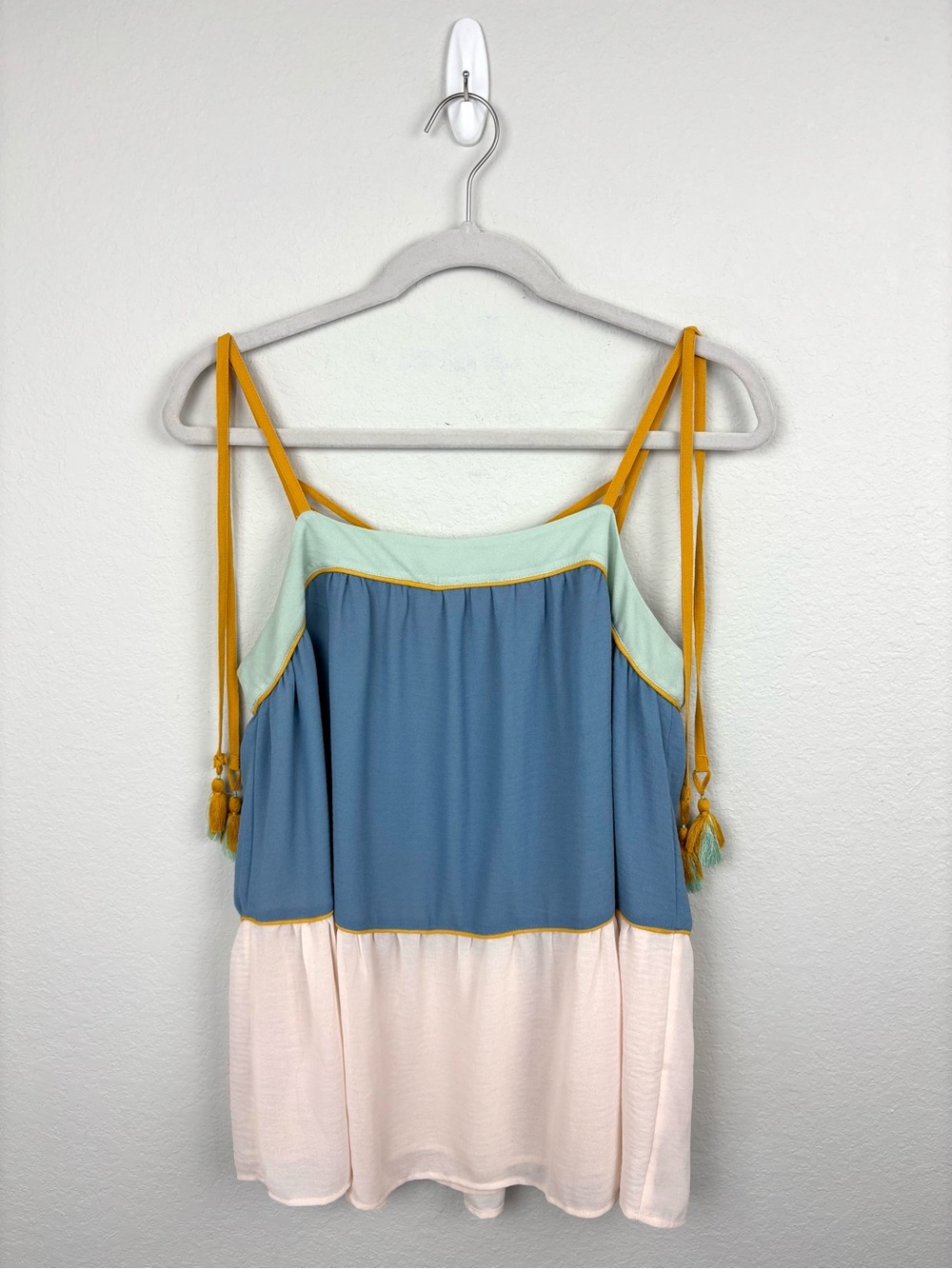 LOFT Multicolored Spaghetti Strap Flowy Tassel Blouse Size S Coastal Resort Boho